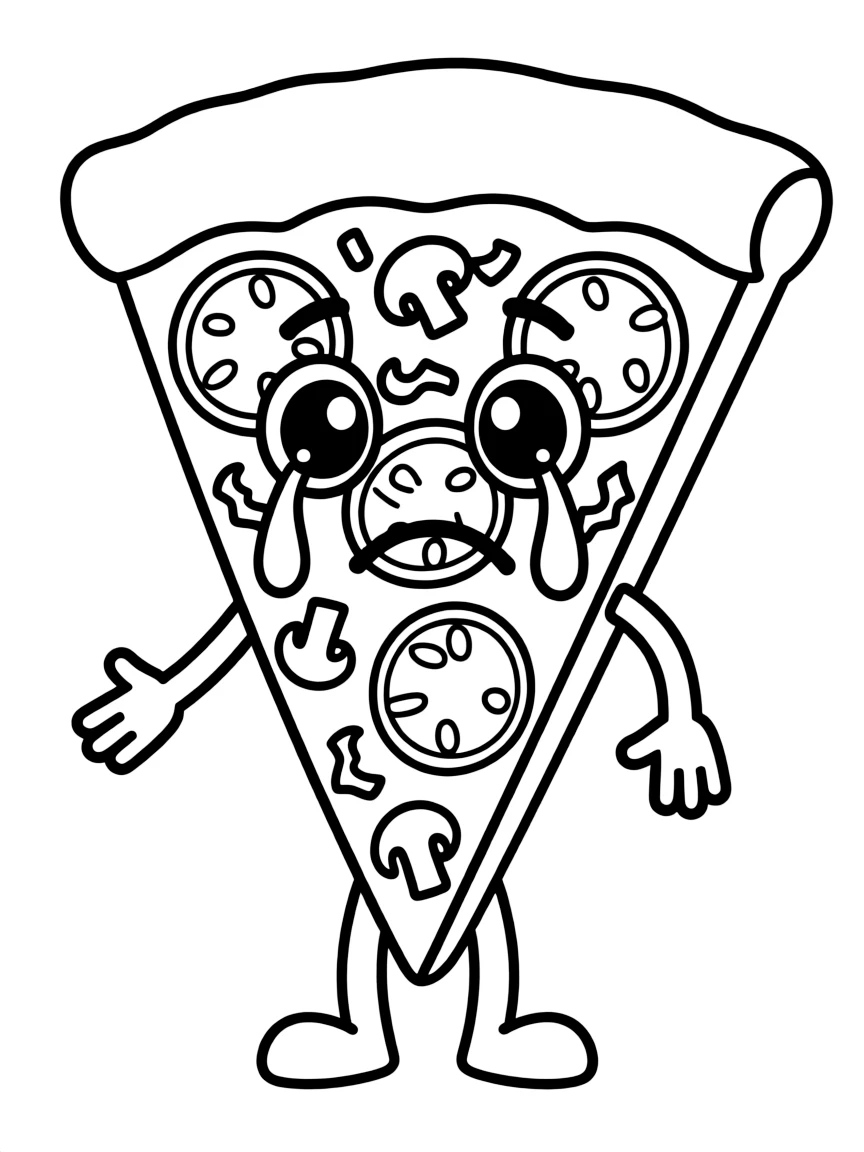 A crying pizza with a tear.