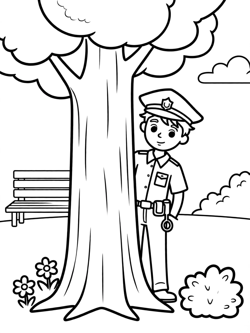 A shy police officer hiding.