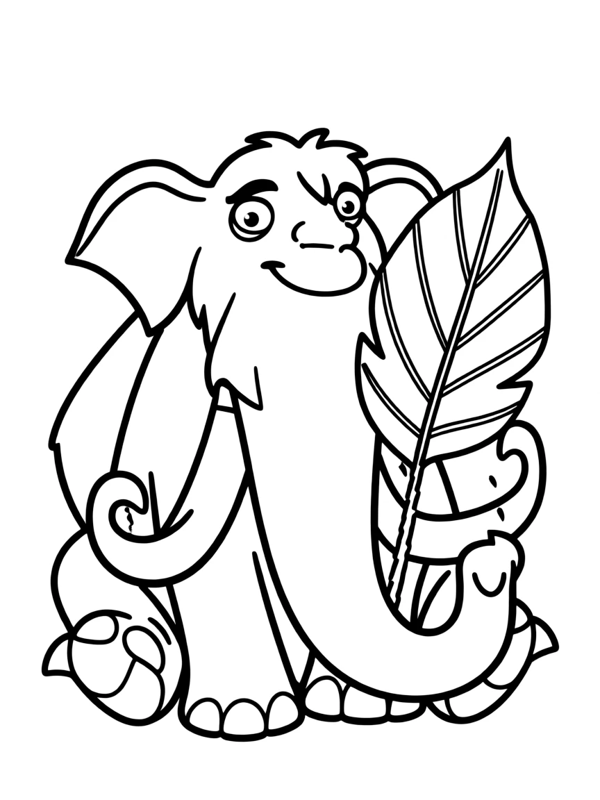 (characters in movie "Ice Age") Manny the mammoth eating a leaf.