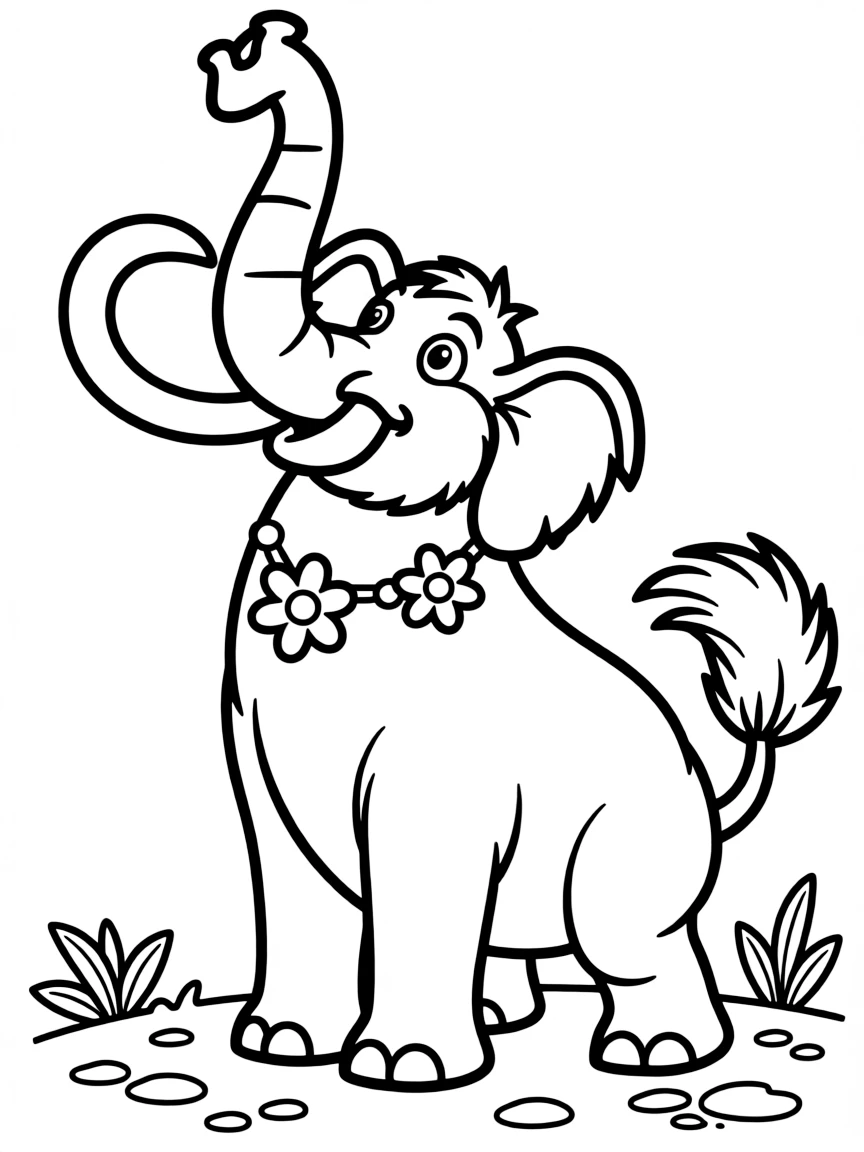 (characters in movie "Ice Age") Ellie the mammoth with her trunk up.