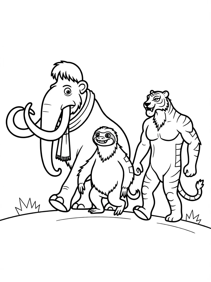 (characters in movie "Ice Age") Manny, Sid, and Diego walking together.