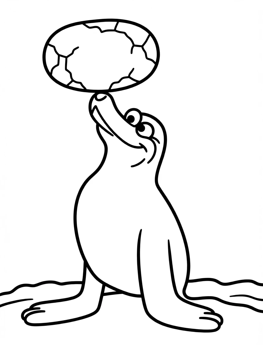 (characters in movie "Ice Age") Flynn the elephant seal balancing a rock.