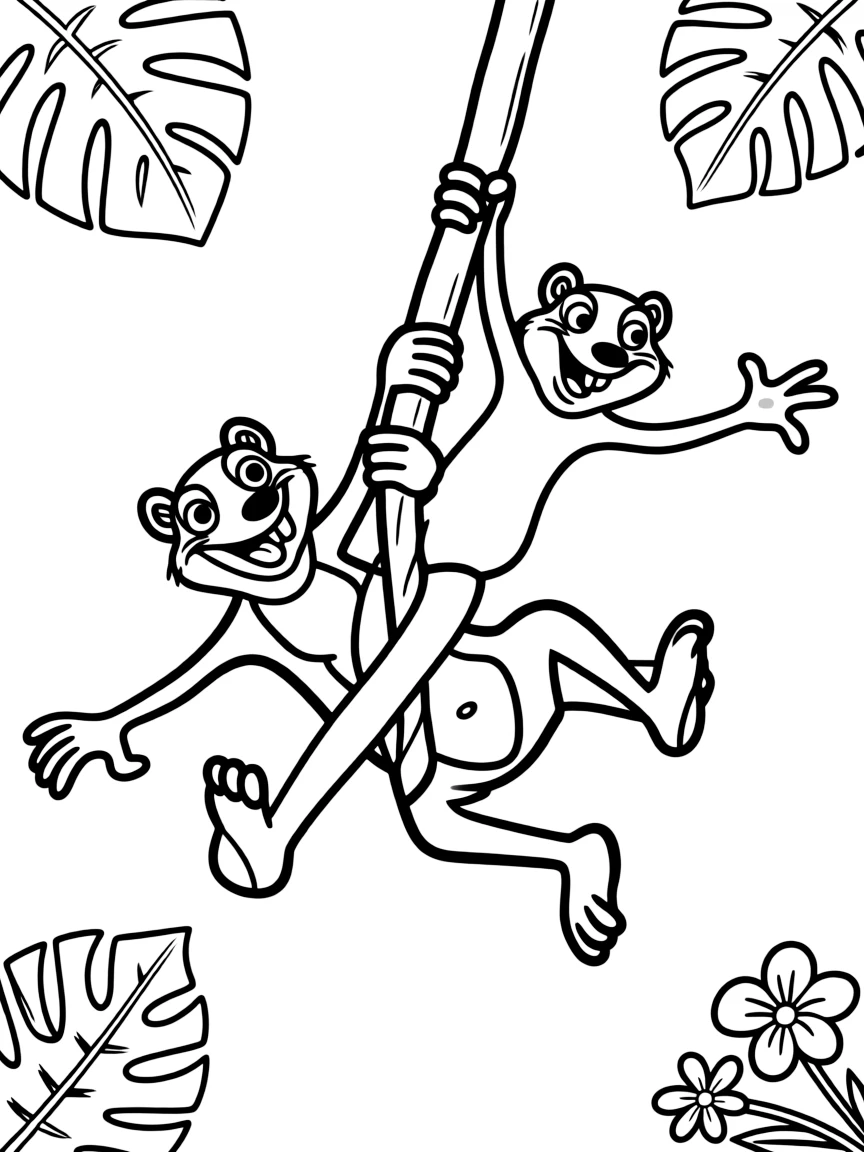 (characters in movie "Ice Age") Crash and Eddie swinging on a vine.