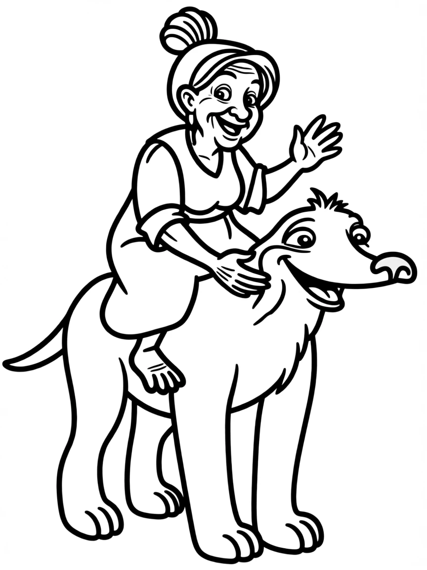 (characters in movie "Ice Age") Granny riding on Sid's back.