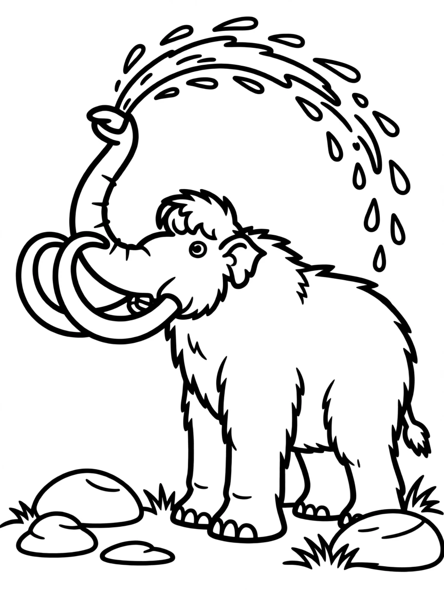 (characters in movie "Ice Age") Manny using his trunk to spray water.