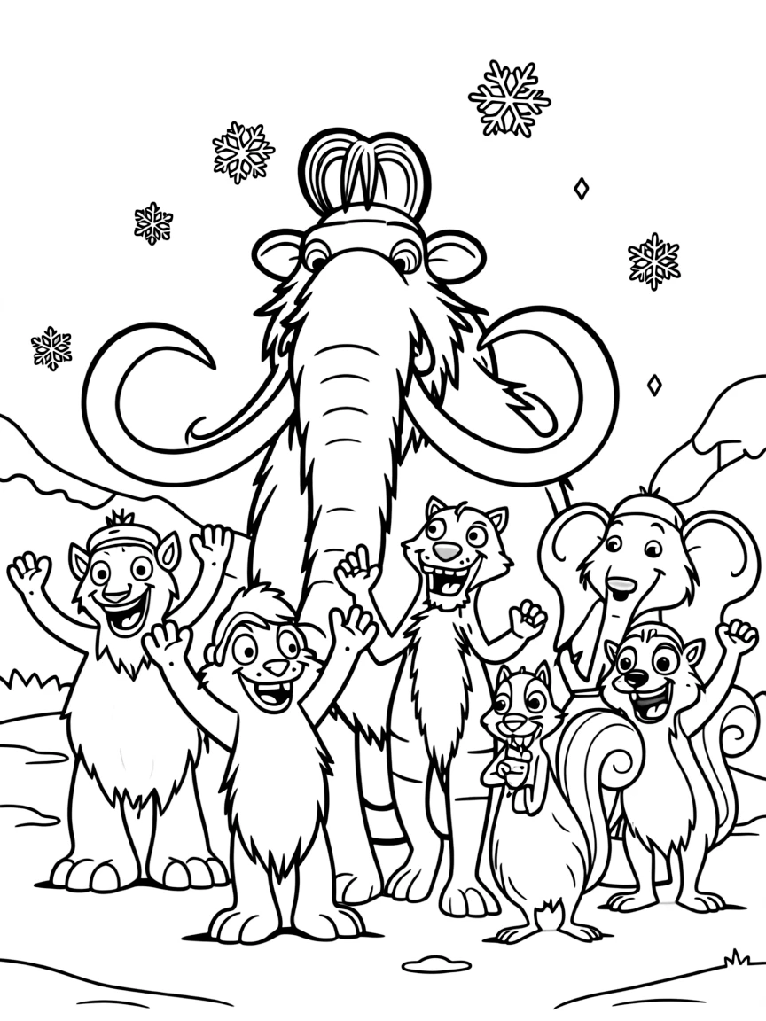 (characters in movie "Ice Age") The entire Ice Age herd celebrating.