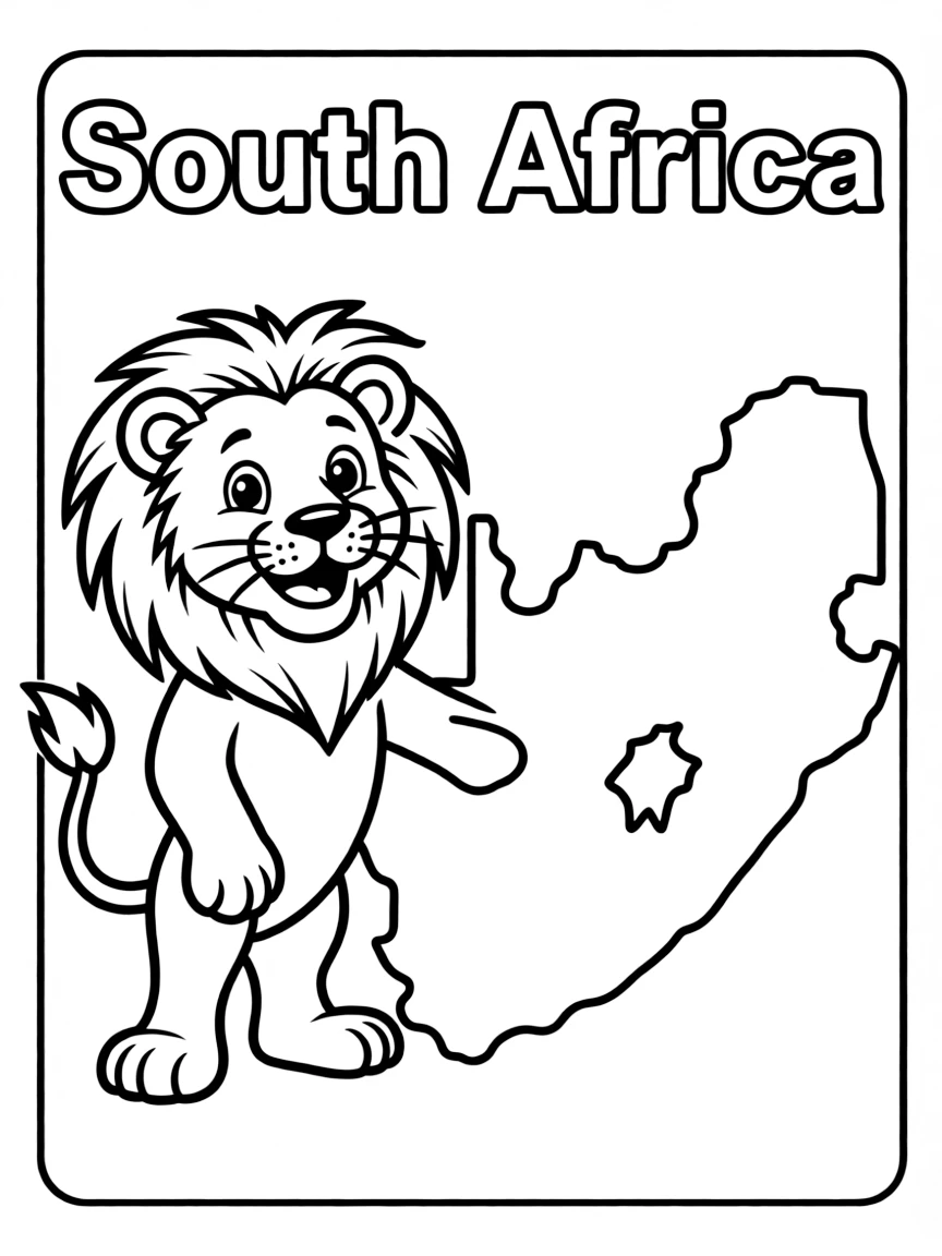 A friendly lion, a simple outline map of South Africa, and the word "South Africa"