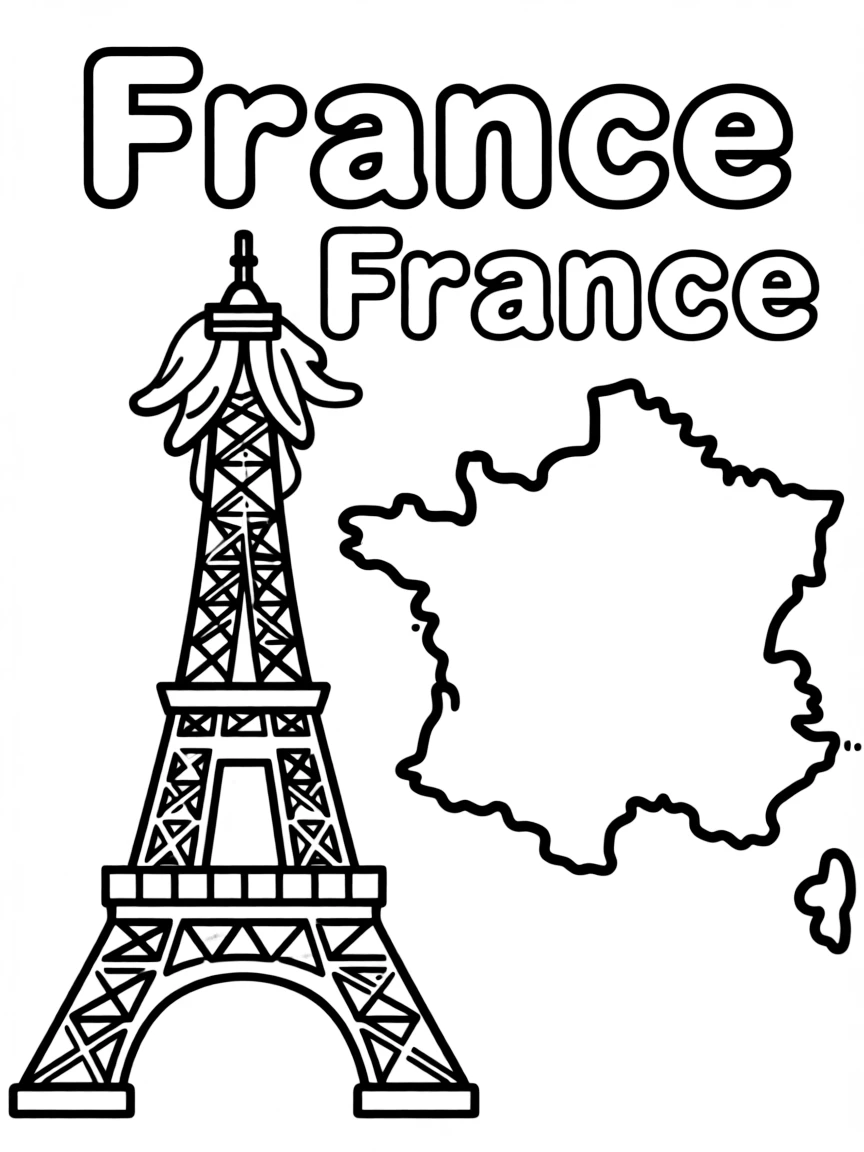 A cute Eiffel Tower, a simple outline map of France, and the word "France"
