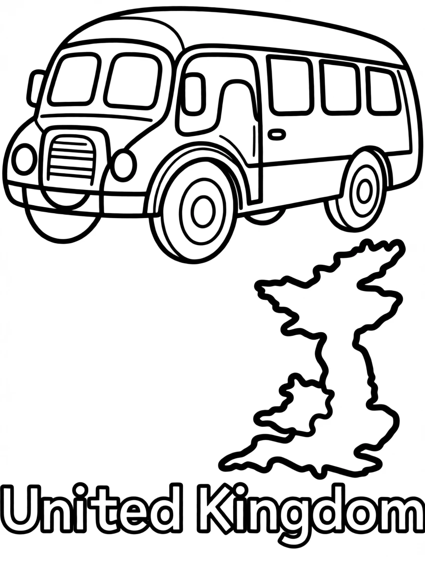 A friendly red bus, a simple outline map of United Kingdom, and the word "United Kingdom"