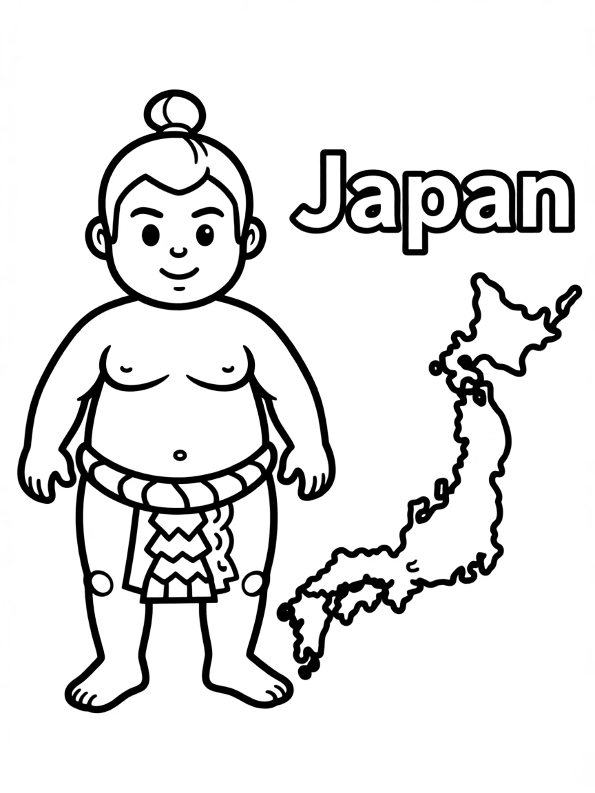 A little sumo wrestler, a simple outline map of Japan, and the word "Japan"