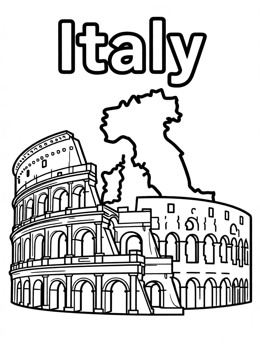 A tiny Colosseum, a simple outline map of Italy, and the word "Italy"