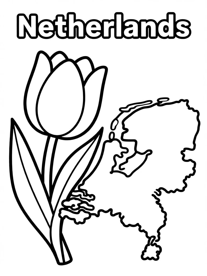 A charming tulip, a simple outline map of Netherlands, and the word "Netherlands"