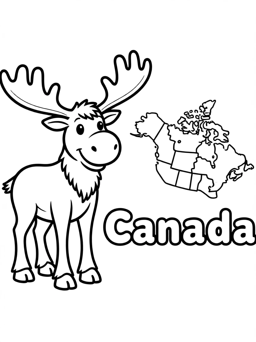 A cute moose, a simple outline map of Canada, and the word "Canada"