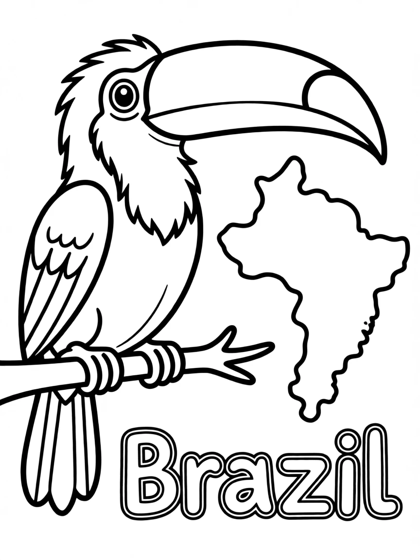 A happy toucan, a simple outline map of Brazil, and the word "Brazil"