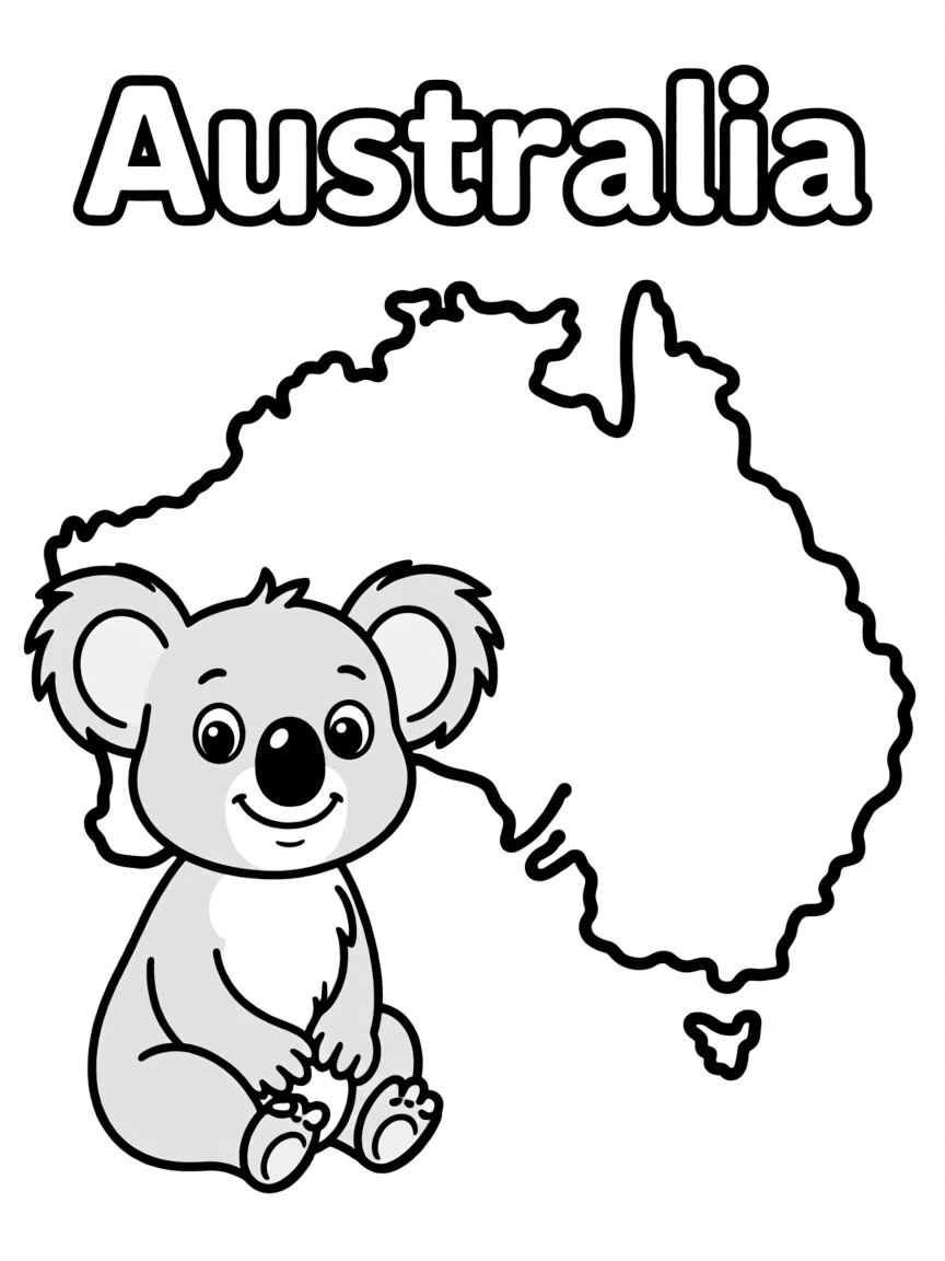 A friendly koala, a simple outline map of Australia, and the word "Australia"