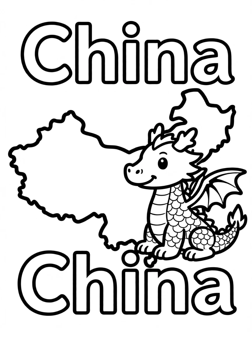 A little dragon, a simple outline map of China, and the word "China"