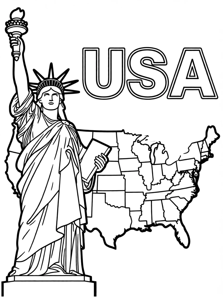 A small Statue of Liberty, a simple outline map of USA, and the word "USA"