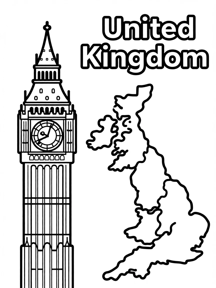 A friendly Big Ben, a simple outline map of United Kingdom, and the word "United Kingdom"