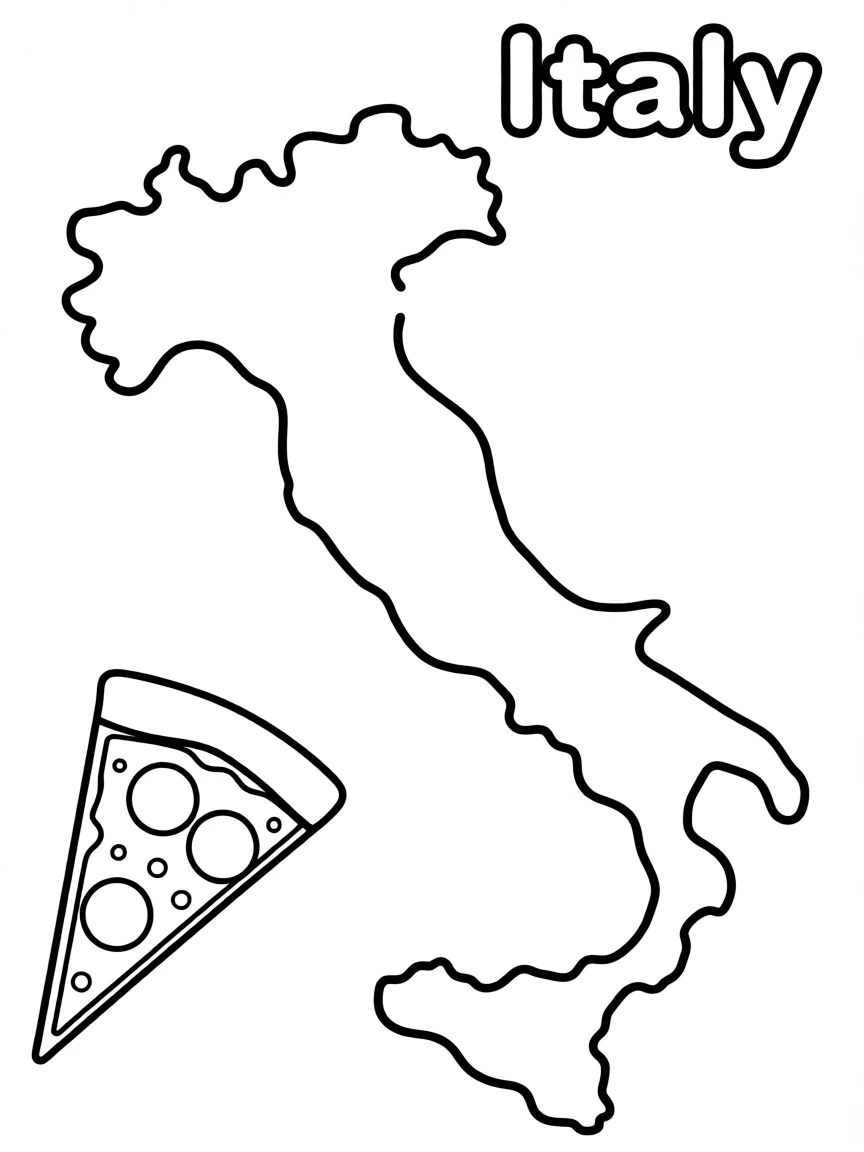 A small pizza slice, a simple outline map of Italy, and the word "Italy"