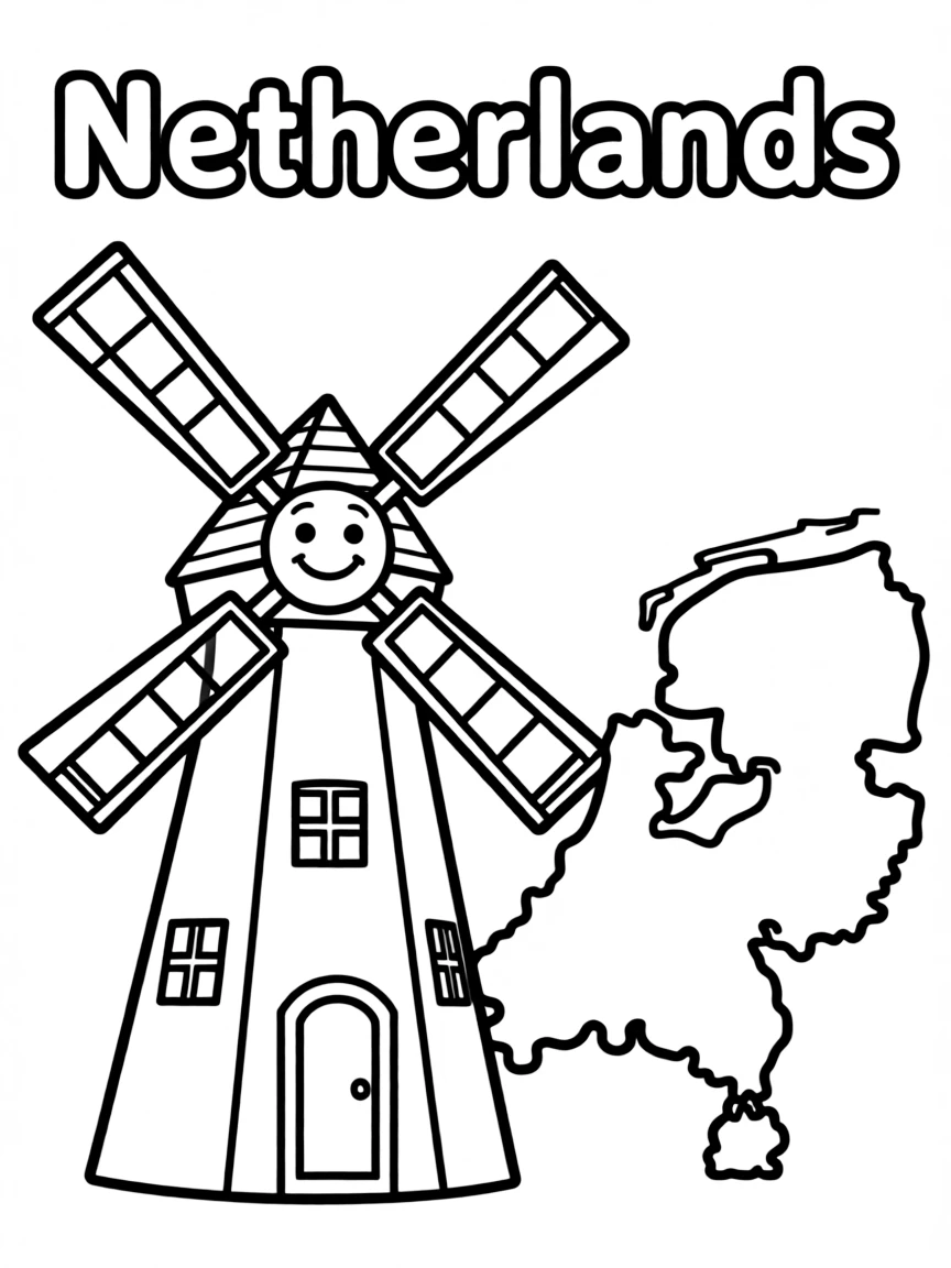 A happy windmill, a simple outline map of Netherlands, and the word "Netherlands"