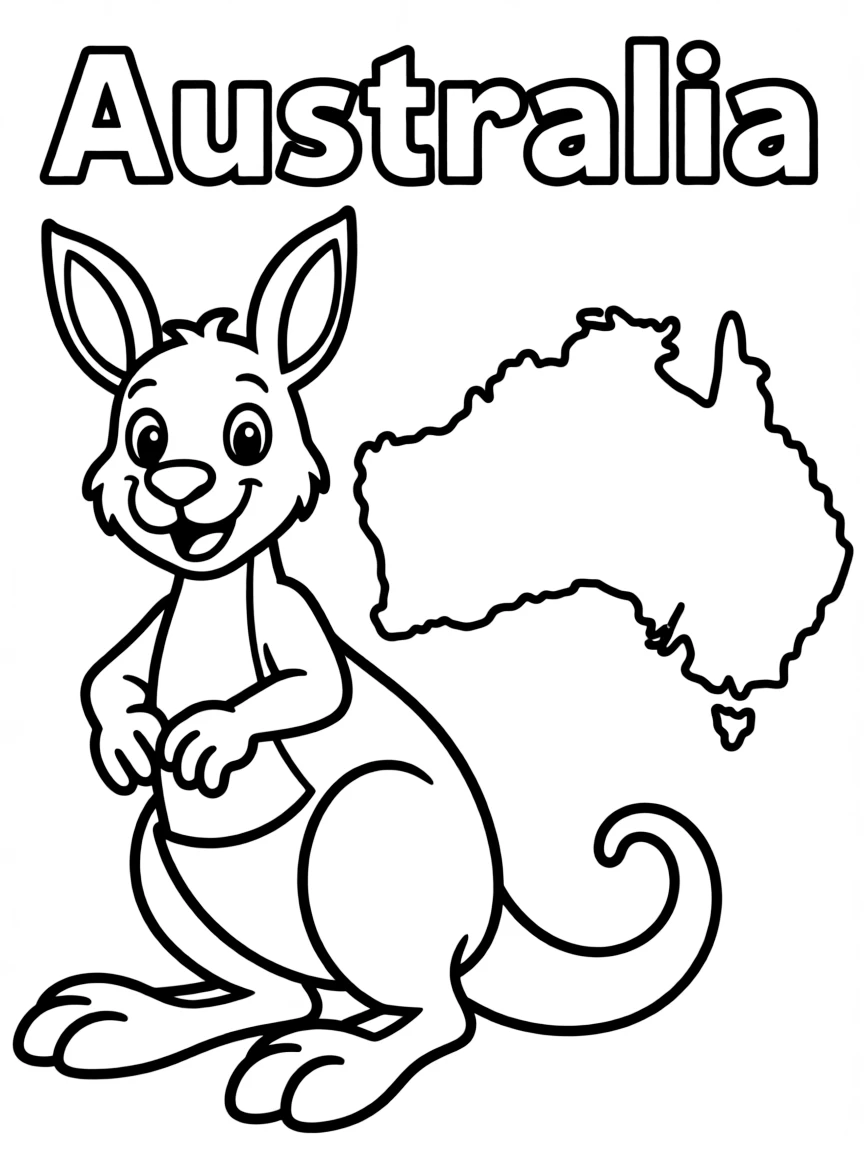 A happy kangaroo, a simple outline map of Australia, and the word "Australia"