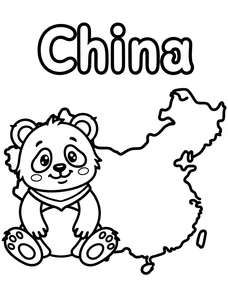 A cute panda, a simple outline map of China, and the word "China"