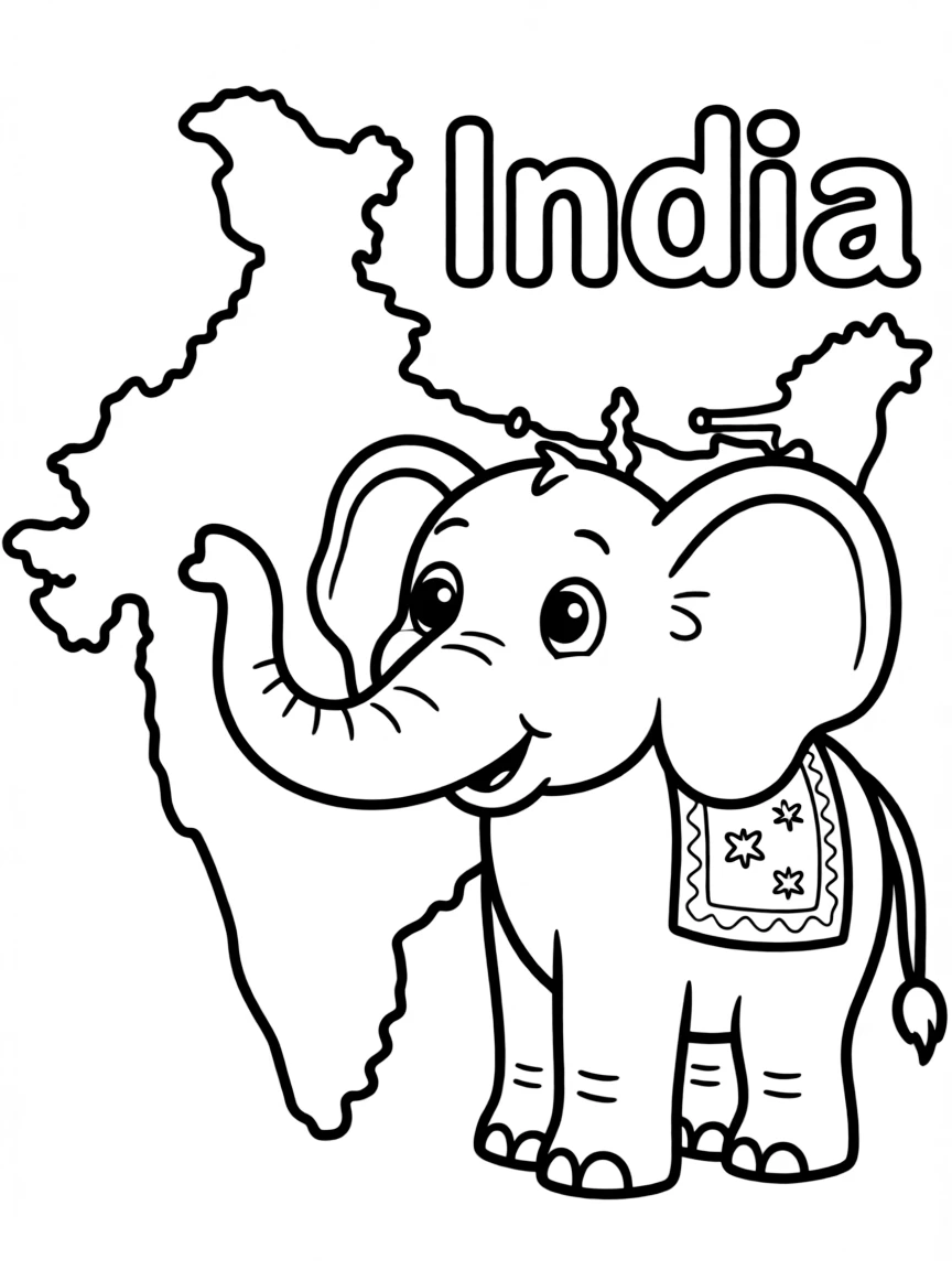 A friendly elephant, a simple outline map of India, and the word "India"