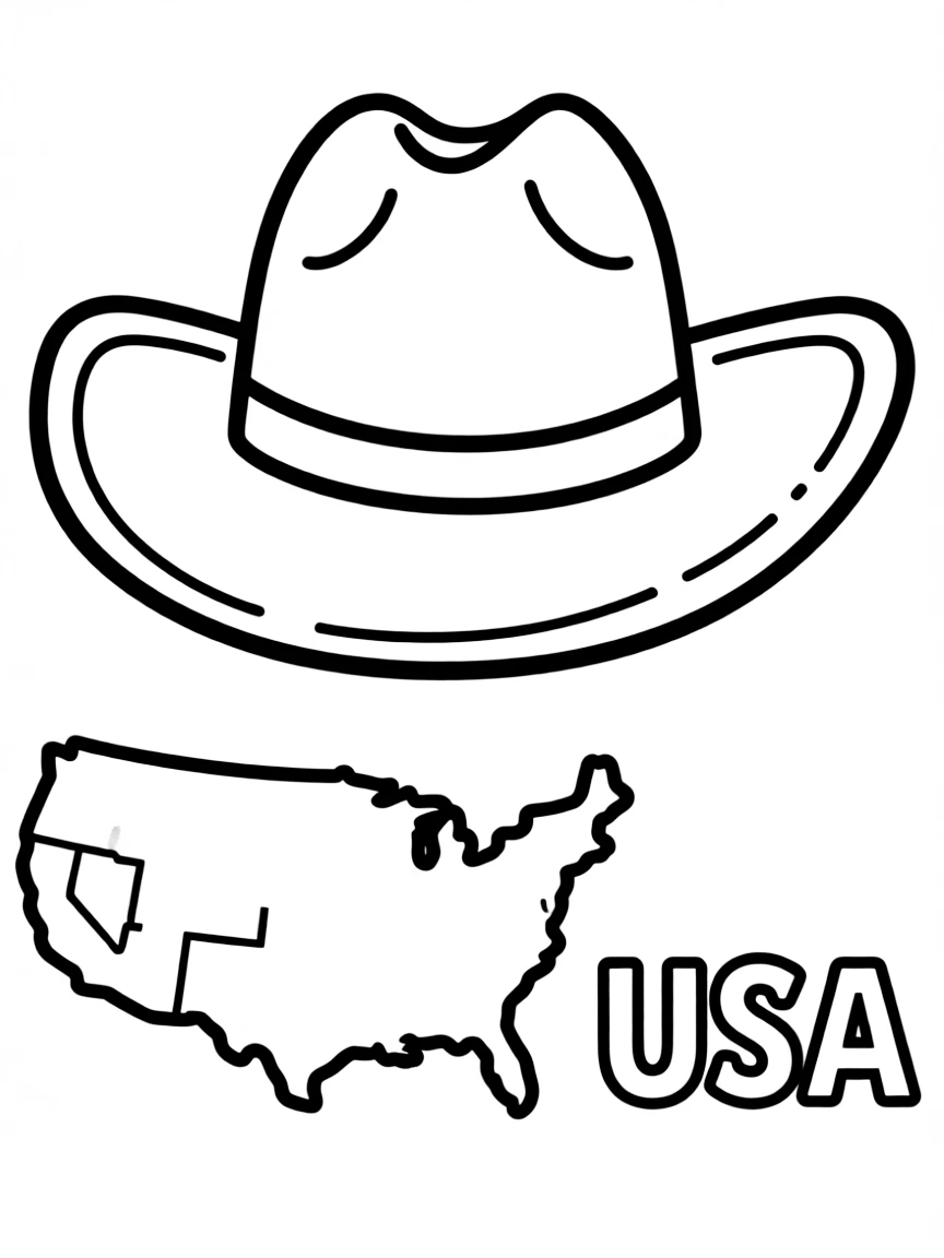 A cheerful cowboy hat, a simple outline map of USA, and the word "USA"