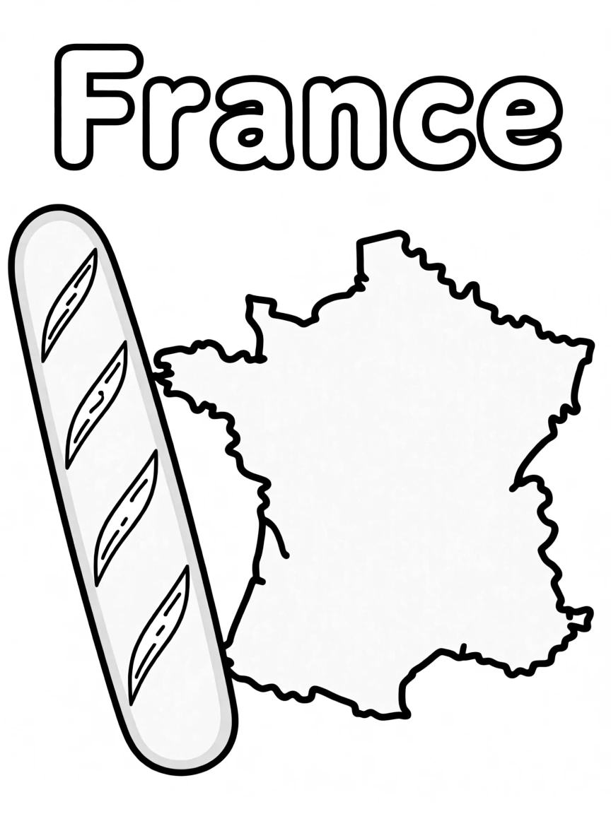 A cute baguette, a simple outline map of France, and the word "France"