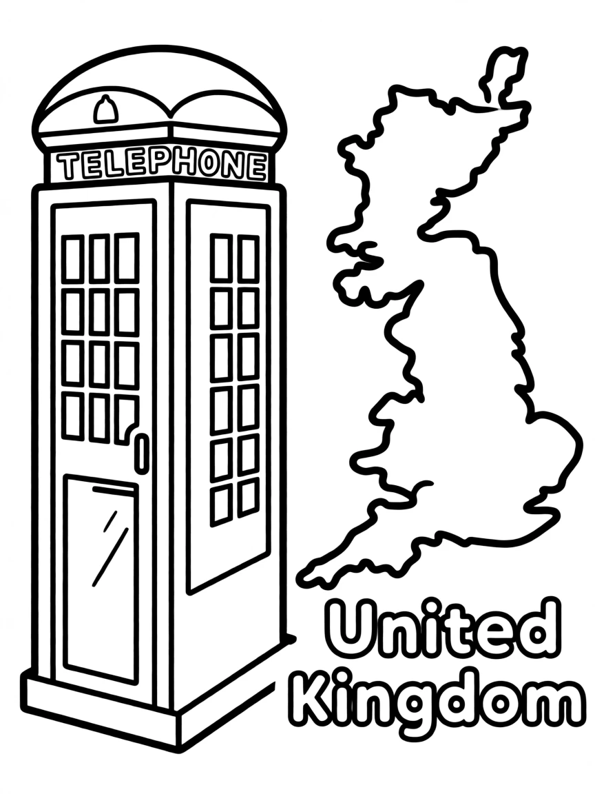 A friendly telephone booth, a simple outline map of United Kingdom, and the word "United Kingdom"