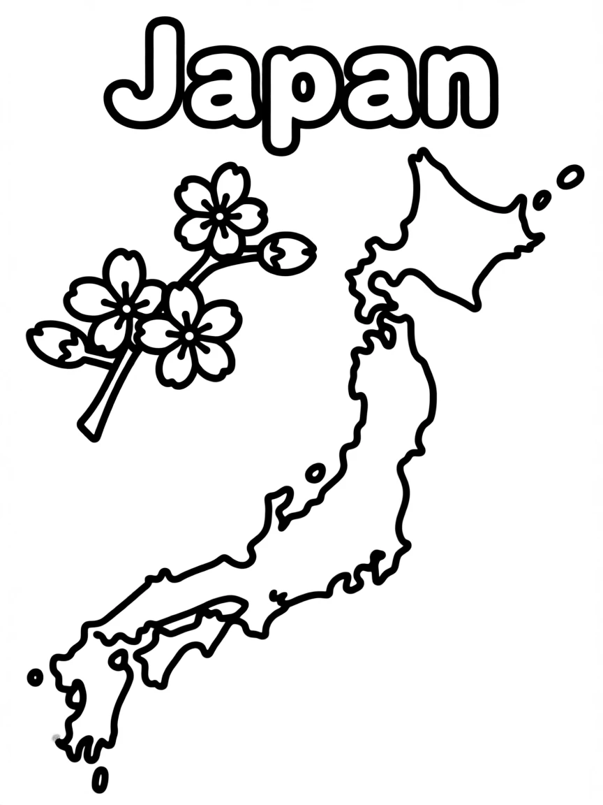 A little cherry blossom, a simple outline map of Japan, and the word "Japan"