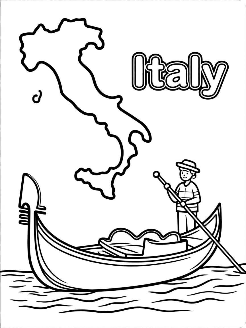 A small gondola, a simple outline map of Italy, and the word "Italy"