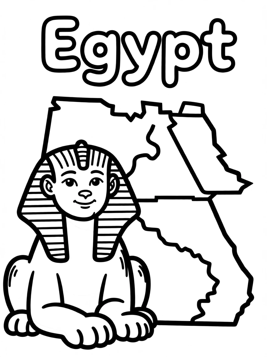 A cute Sphinx, a simple outline map of Egypt, and the word "Egypt"
