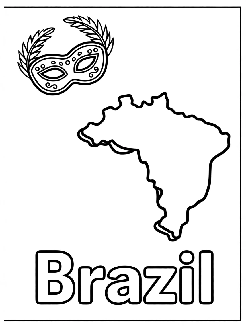 A little Carnival mask, a simple outline map of Brazil, and the word "Brazil"