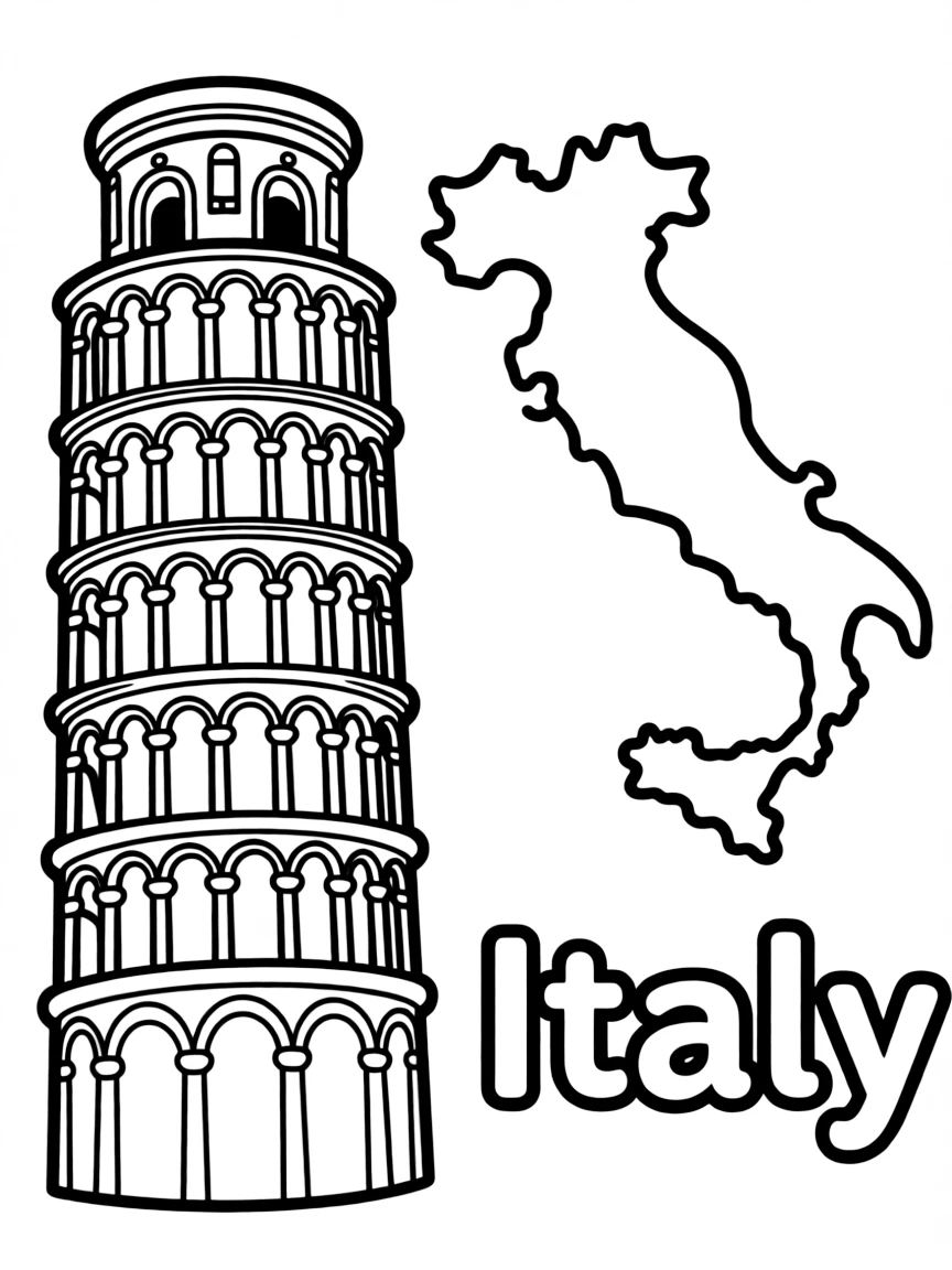 A small leaning tower, a simple outline map of Italy, and the word "Italy"