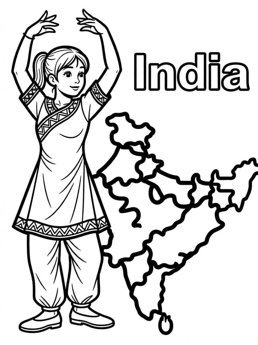 A friendly Bollywood dancer, a simple outline map of India, and the word "India"