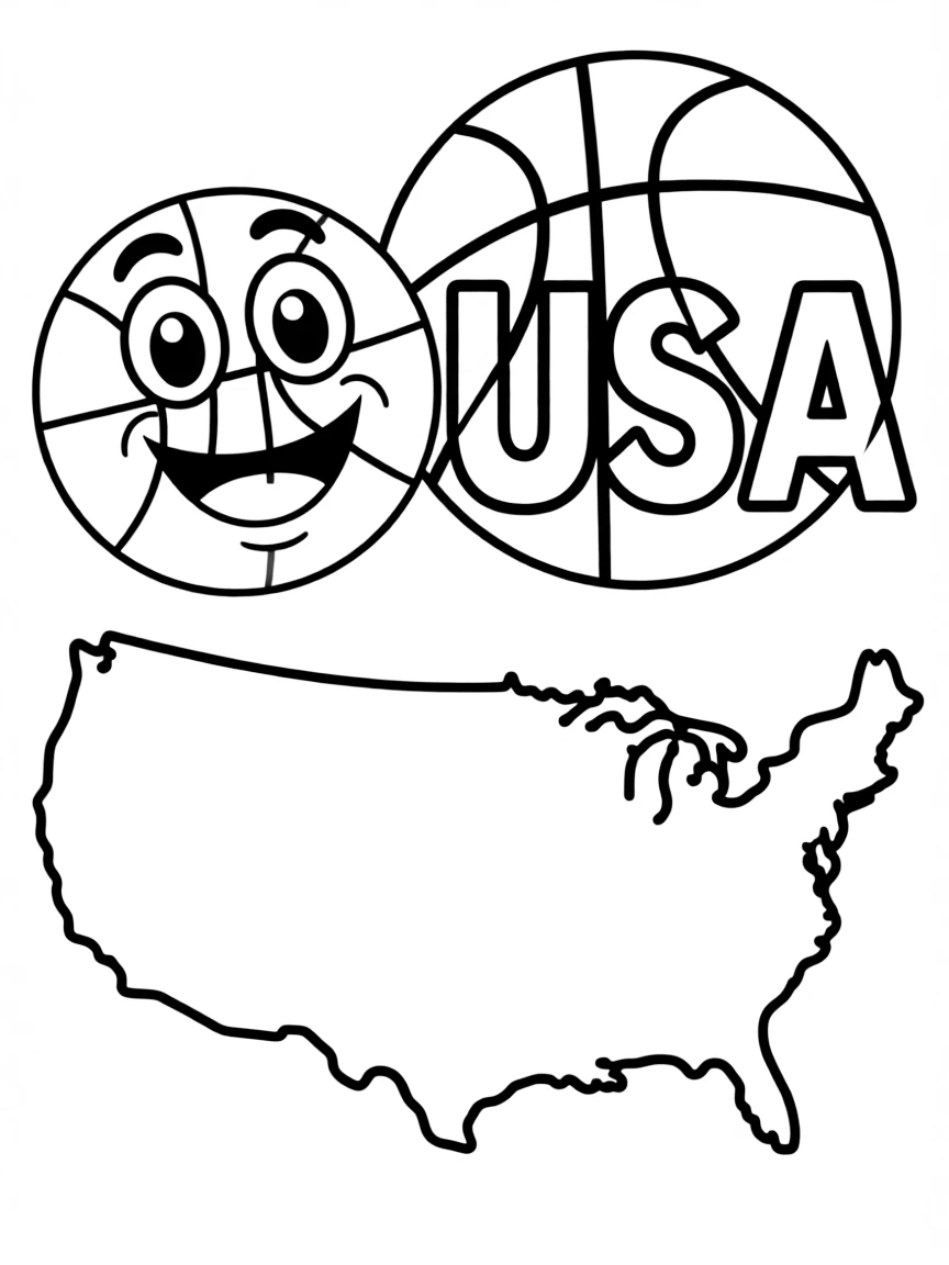 A cheerful basketball, a simple outline map of USA, and the word "USA"