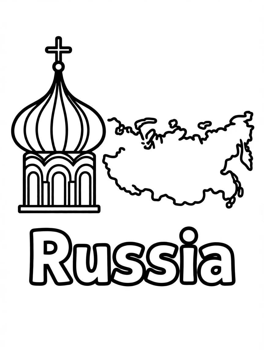 A small onion dome, a simple outline map of Russia, and the word "Russia"