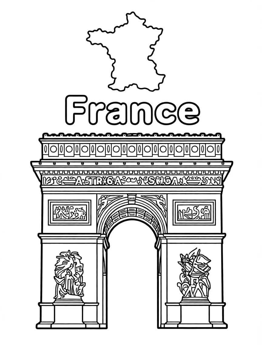 A cute Arc de Triomphe, a simple outline map of France, and the word "France"