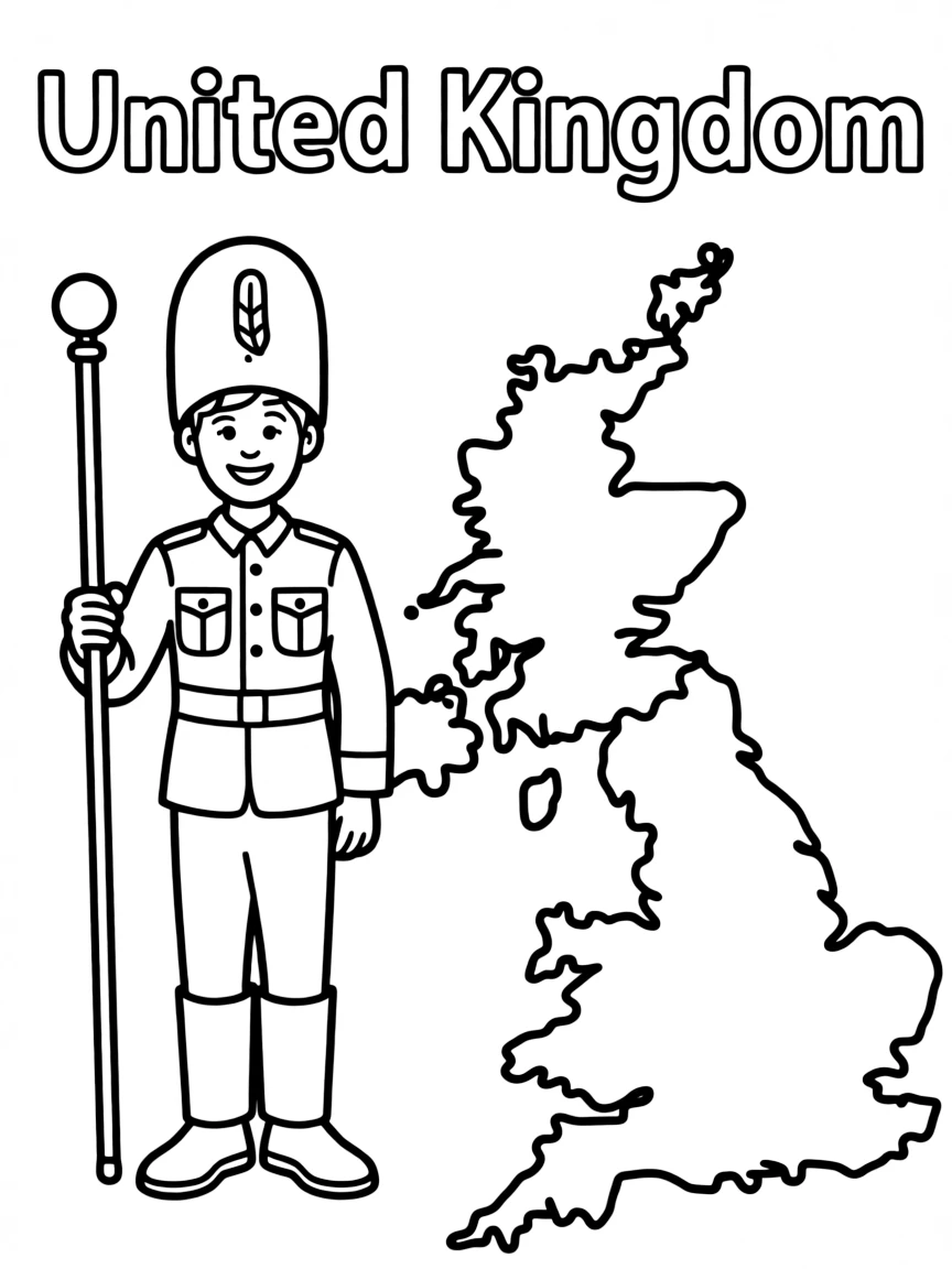 A friendly guard, a simple outline map of United Kingdom, and the word "United Kingdom"