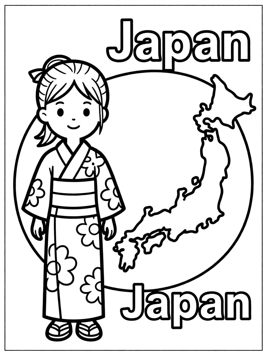 A little kimono, a simple outline map of Japan, and the word "Japan"