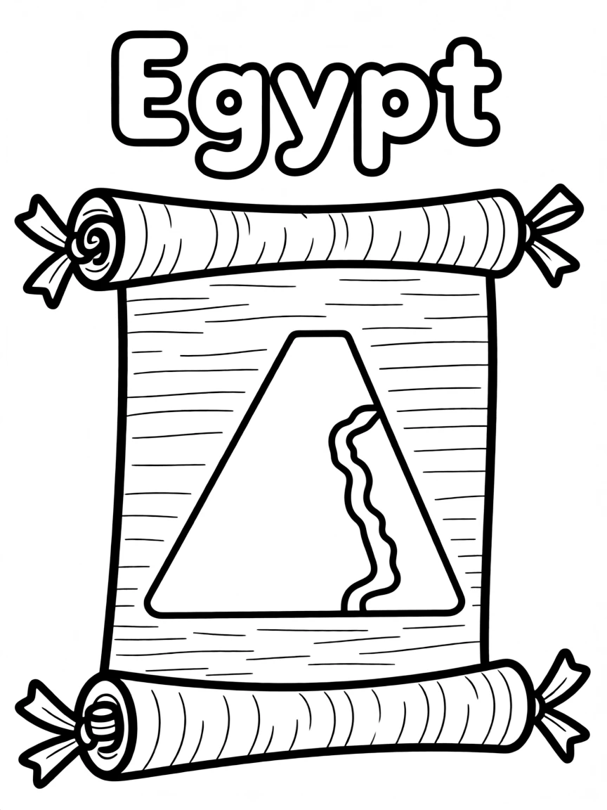 A cute papyrus scroll, a simple outline map of Egypt, and the word "Egypt"