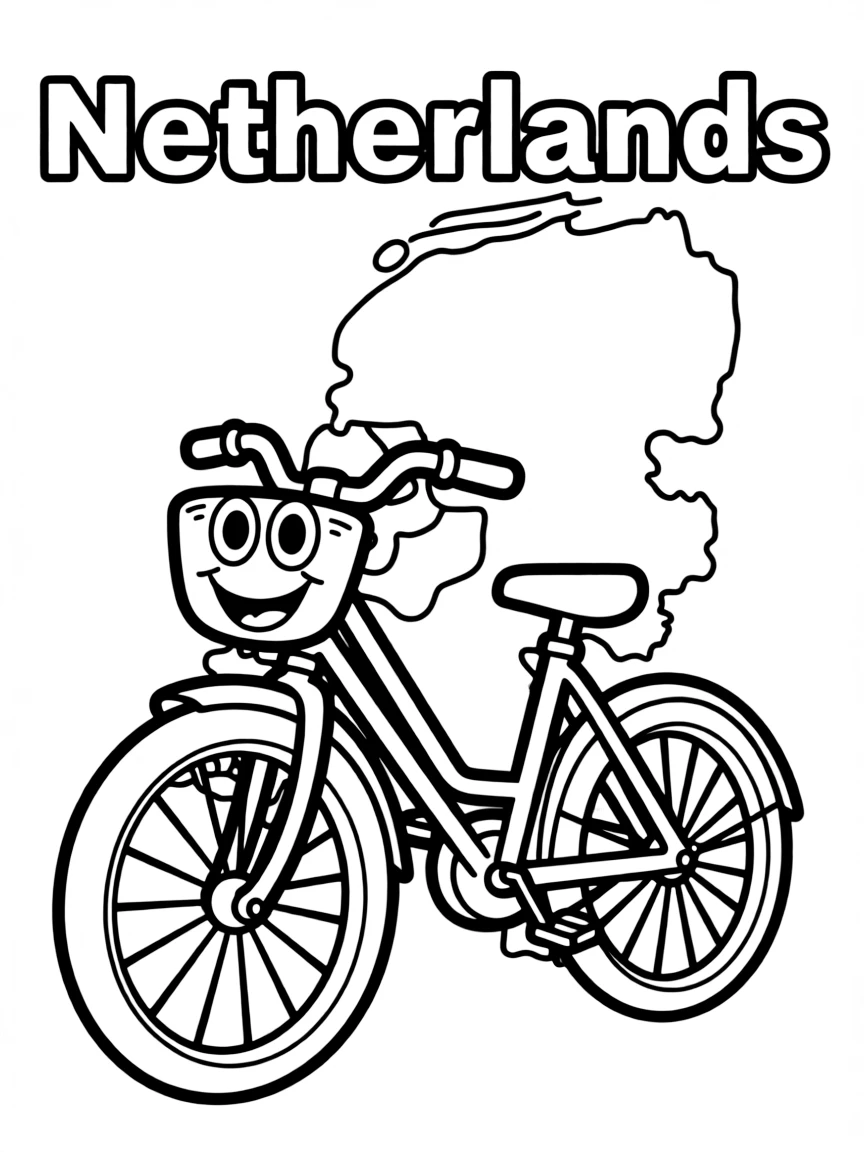 A happy bicycle, a simple outline map of Netherlands, and the word "Netherlands"