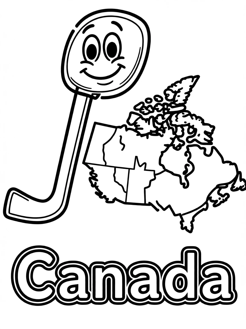 A friendly hockey stick, a simple outline map of Canada, and the word "Canada"