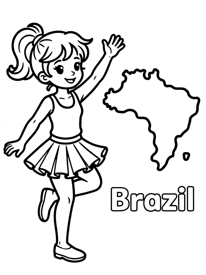 A little samba dancer, a simple outline map of Brazil, and the word "Brazil"