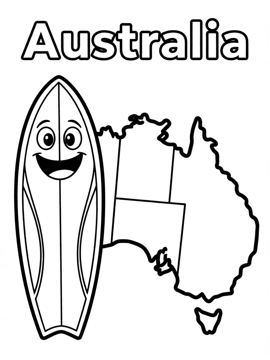 A happy surf board, a simple outline map of Australia, and the word "Australia"