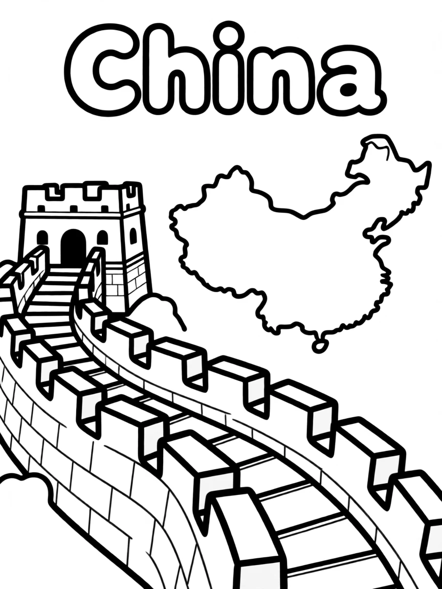 A cute Great Wall, a simple outline map of China, and the word "China"