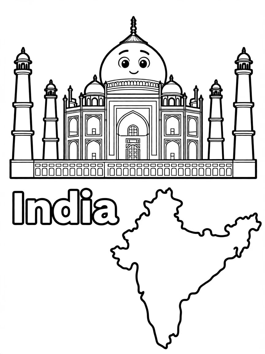 A friendly Taj Mahal, a simple outline map of India, and the word "India"