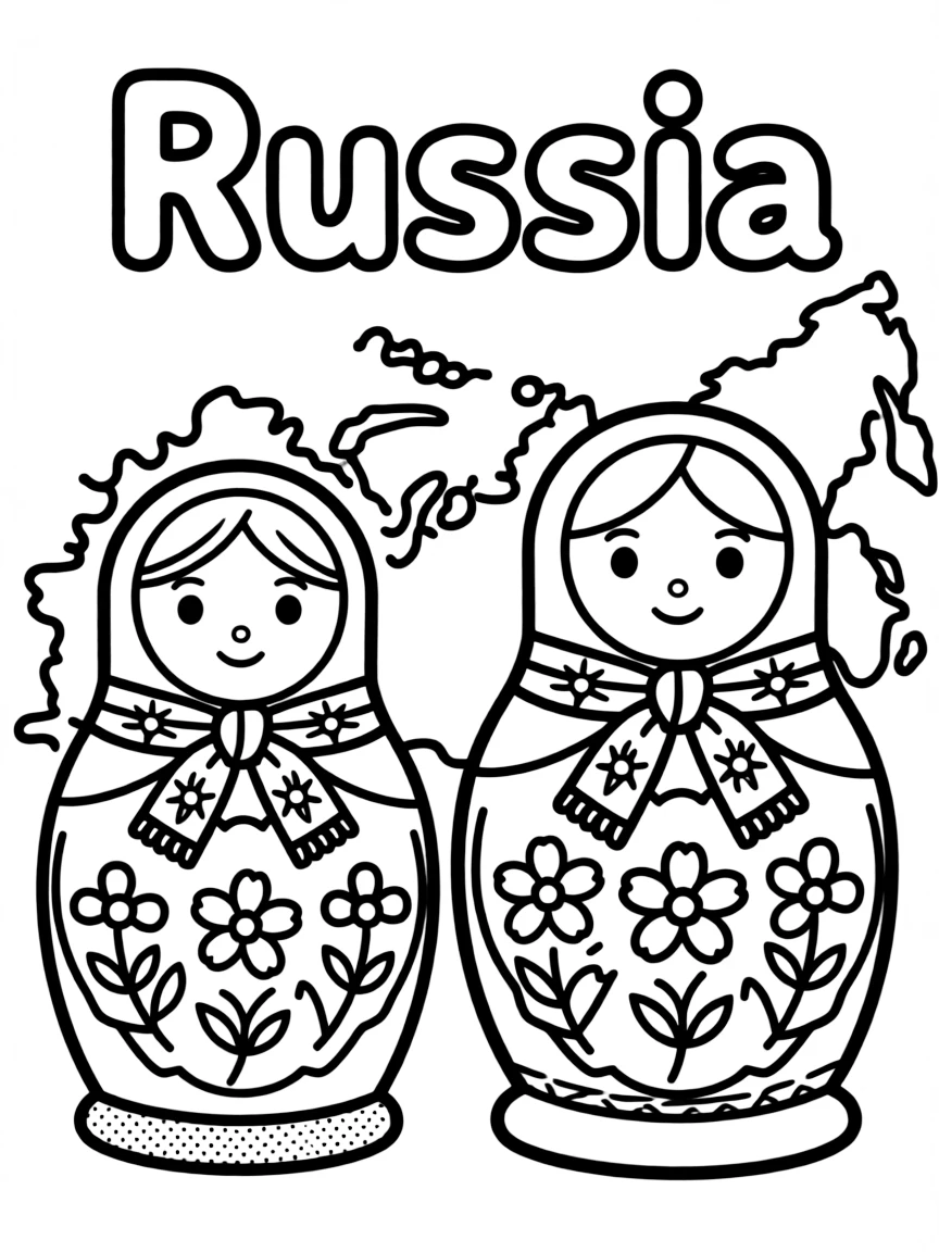A small nesting doll, a simple outline map of Russia, and the word "Russia"