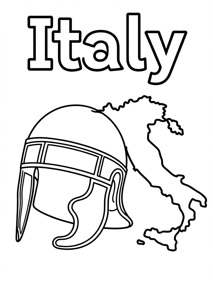 A small Roman helmet, a simple outline map of Italy, and the word "Italy"